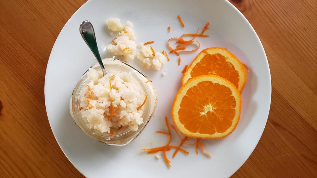homemade facial exfoliator. sugar coconut oil almond orange scrub.