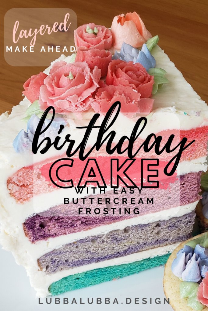 This festive birthday cake is easy to make ahead if you are short on time (who isn't?)  I've included a buttercream frosting recipe as well.  Super easy to customize for your special occasion! 
