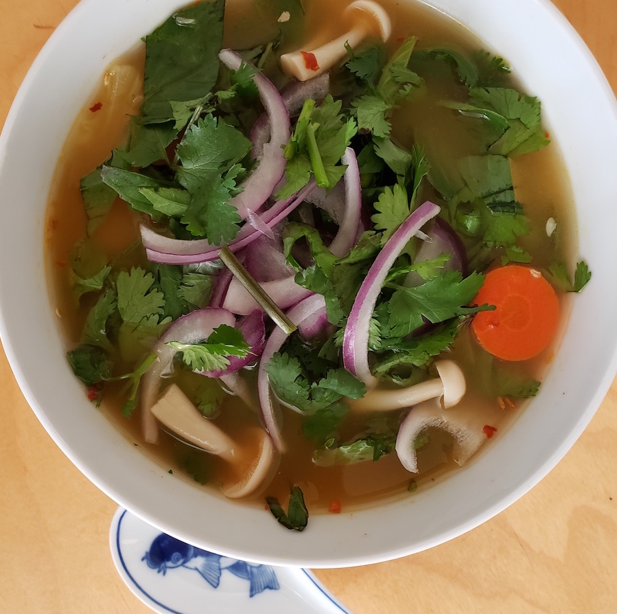 Thai soup using cilantro, lime and hot peppers.  Grouping this alongside mexican dishes in your meal planning makes it so much easier to shop!