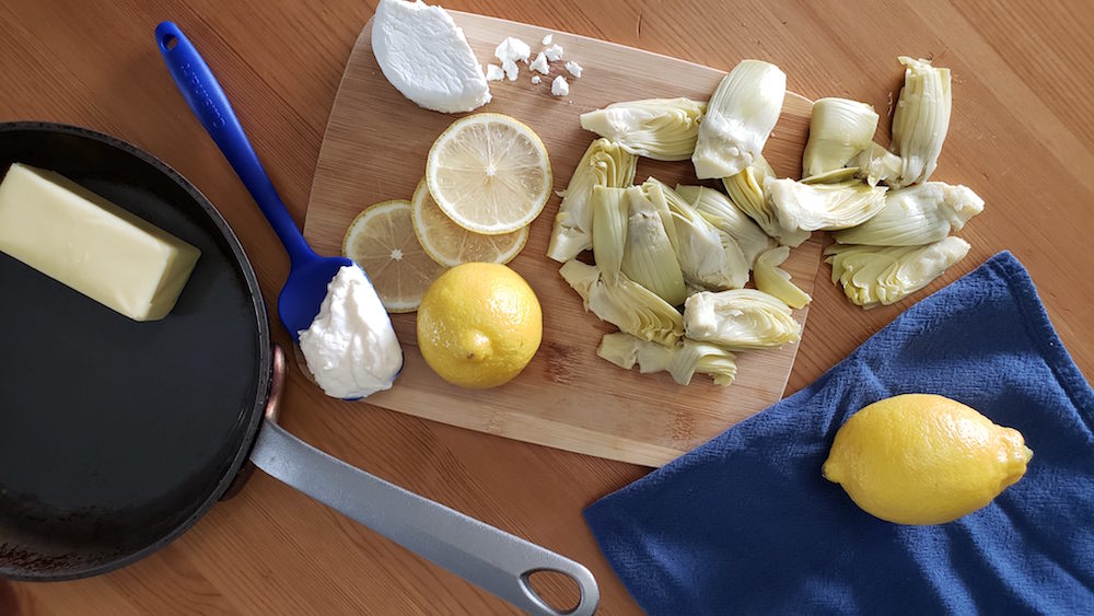 Quick and easy side dish, artichokes with brown butter and goat cheese.