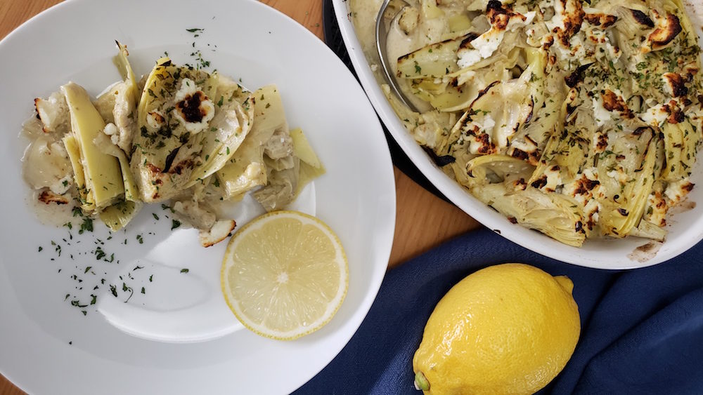 Quick and easy side dish, artichokes with brown butter and goat cheese.